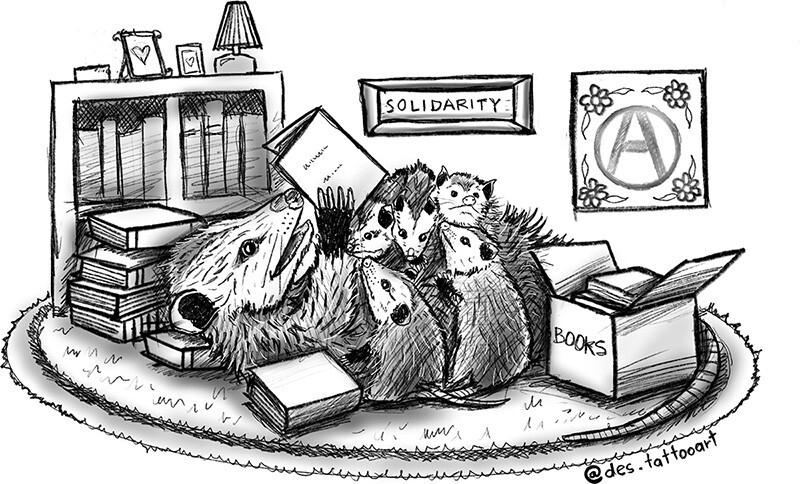 An adult possum reclines in a cozy living-room setting, reading a book to the children possums sitting around and climbing on them.