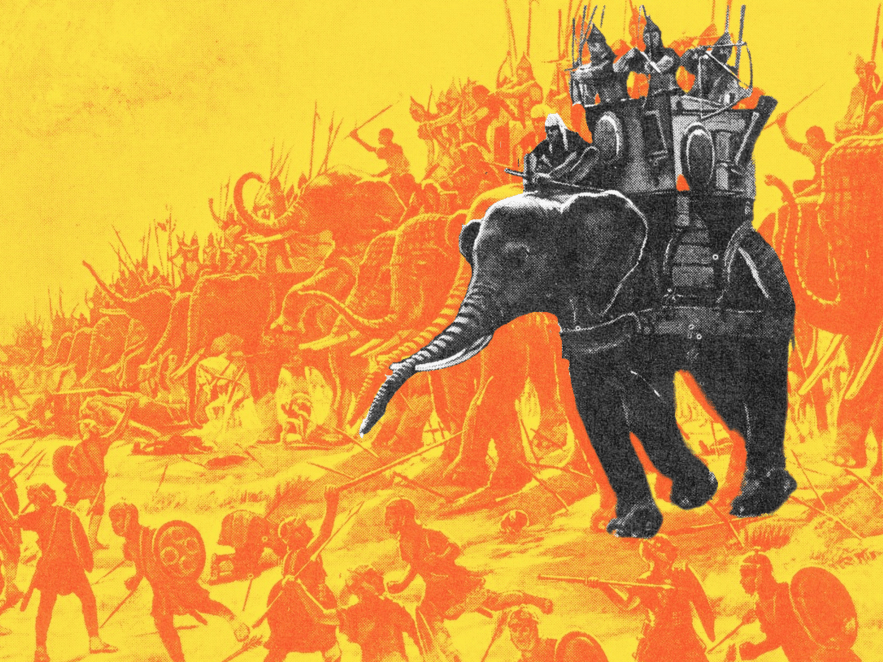 A stylized illustration of a war elephant in battle. The war elephant and its riders with bows is in the foreground and black-and-white, while the battle in the background is two-tone orange.